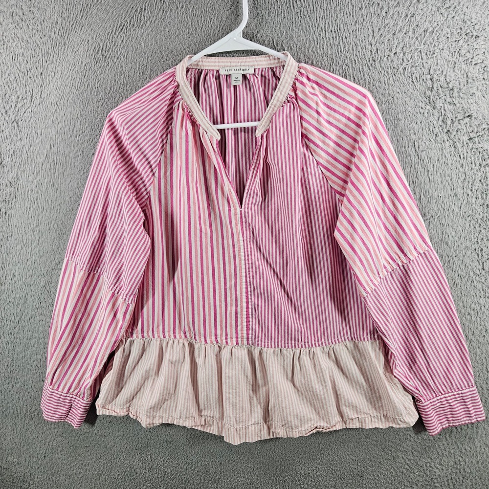 Free Assembly Womens Pink Striped Peplum Blouse Cotton Split Neck Top M